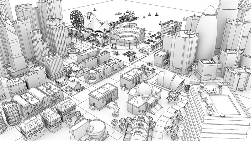 City X concept art: line paintover of a whole city seen from above, with skyscrapers, a stadium, a ferris wheel and dense downtown blocks