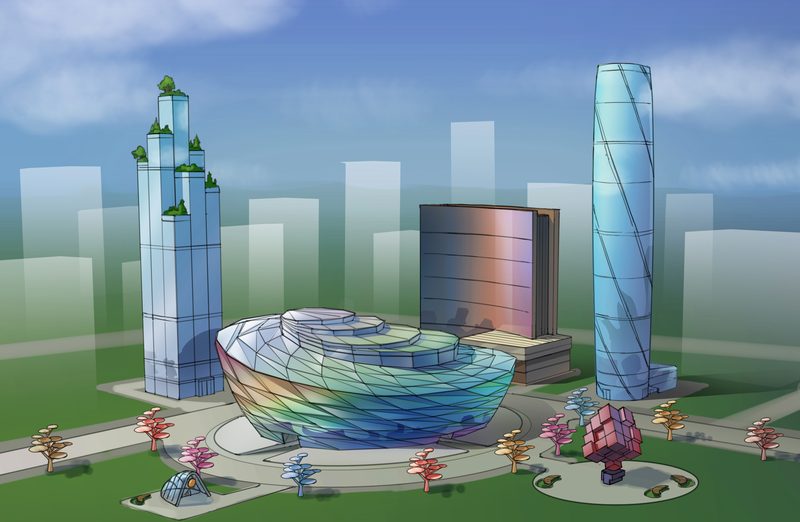 City X concept painting: a glass Future Modern stadium with iridescent panels, flanked by a stepped garden tower and a twisting glass skyscraper against a blue sky