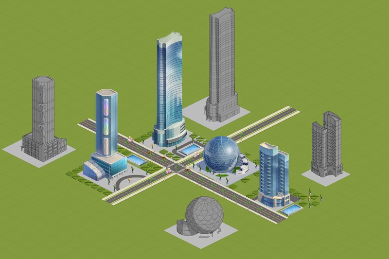 City X concept art: isometric Future Modern district with glass skyscrapers, a high-rise apartment and a glass sphere around a road intersection, with untextured versions alongside