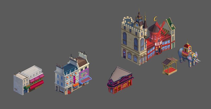 City X concept art: isometric Paris nightlife buildings including a Moulin Rouge-style cabaret with a red windmill, an elephant pavilion, cafés and a neon theater