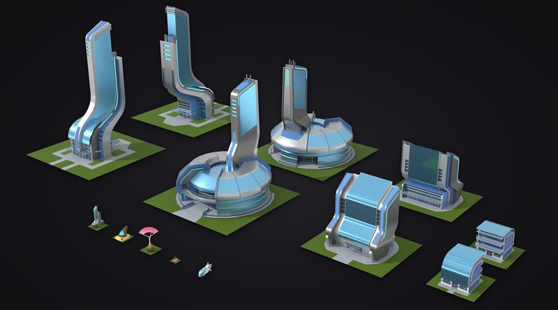 City X concept art: lineup of curved space-age civic buildings in silver and blue glass on green lots, with small decorations