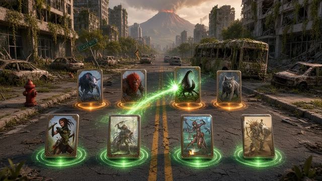 Exploration of the card board as a diorama: two rows of cards on glowing pads in a ruined, overgrown city street