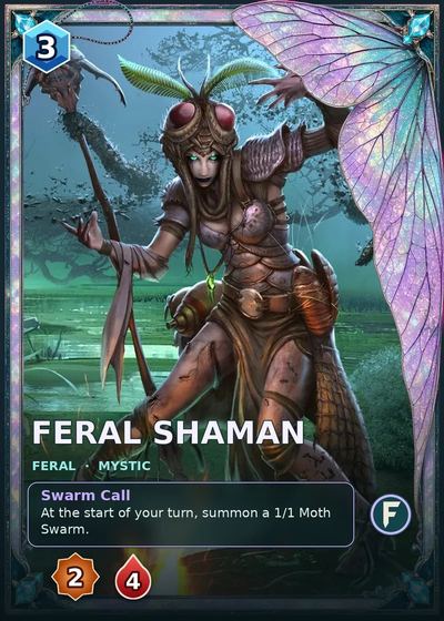 Feral card frame exploration: a winged feral shaman in a slate-blue frame