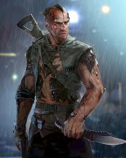 Original Days of Discord card painting of Cameron, a scarred fighter with a knife, standing in the rain