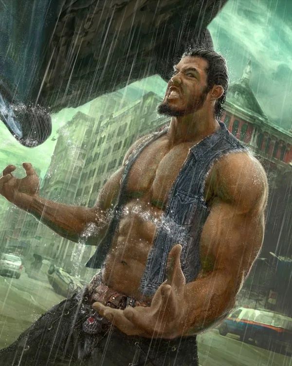 Original Days of Discord card painting of Kong, a muscular bandit in a vest roaring in the rain