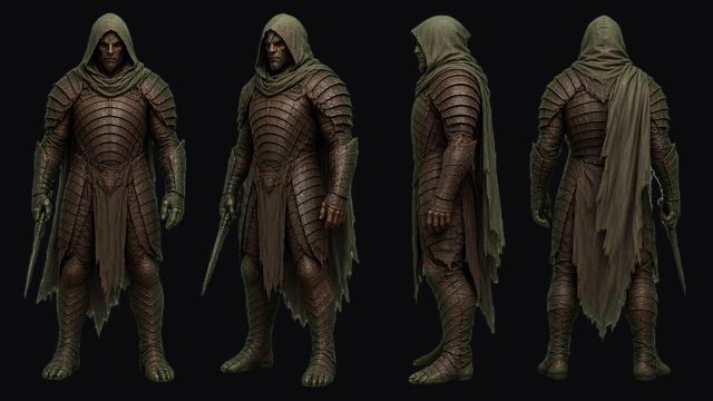 Armadillan Guard turnaround: a hooded armadillo warrior with a cloak and blades, in front, three-quarter, side and back views