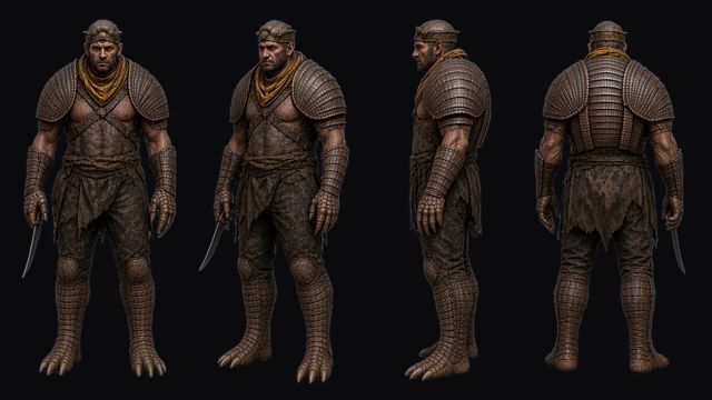 Armadillan turnaround: a muscular armadillo-man with banded armor plates, in front, three-quarter, side and back views