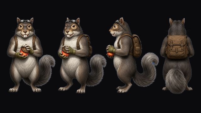 Crackjaw turnaround: a stout gray squirrel with a backpack, holding a nut, in front, three-quarter, side and back views