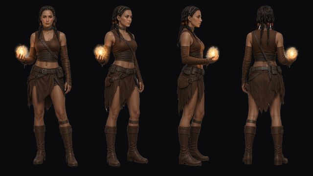 Emily turnaround: a woman in a leather top, belted skirt and tall boots, holding a glowing orb, in front, three-quarter, side and back views