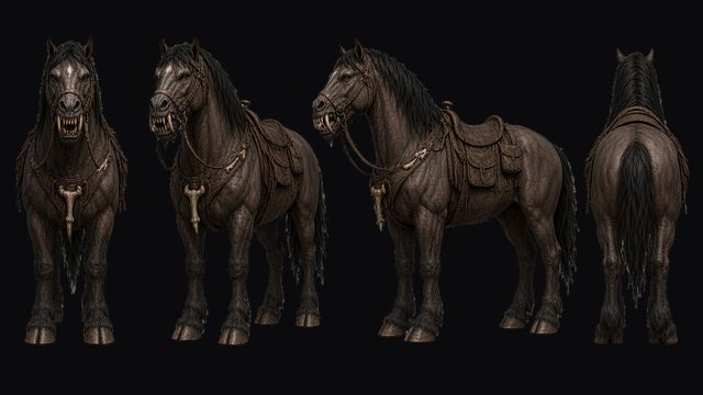 Fanged Courser turnaround: a dark, saddled horse-beast with fangs, in front, three-quarter, side and back views
