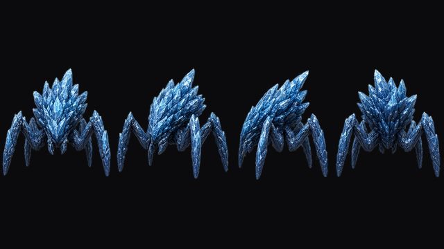 Cobalt Golem turnaround: a low, spidery golem of blue crystal, in front, three-quarter, side and back views