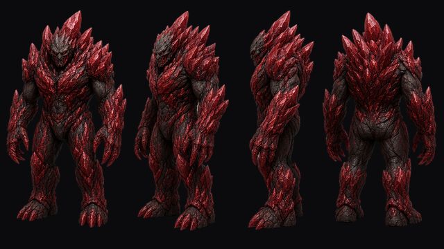 Crimson Golem turnaround: a hulking golem of jagged red crystal, in front, three-quarter, side and back views