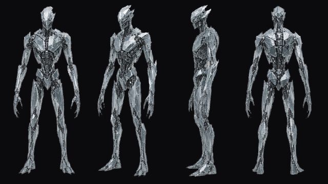 Fragile Golem turnaround: a slender silver-white crystal golem, in front, three-quarter, side and back views