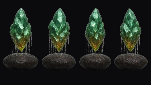 Mist Golem turnaround: a floating green crystal over a dark stone base, in front, three-quarter, side and back views