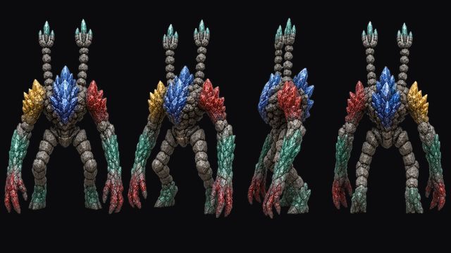 Prismatic Golem turnaround: a four-legged golem of multicolored crystal, in front, three-quarter, side and back views