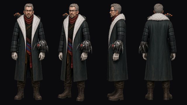 Maxim turnaround: a gray-bearded man with glasses in a long dark green coat with a white fur collar, a red scarf and a mechanical spider gauntlet, in front, three-quarter, side and back views