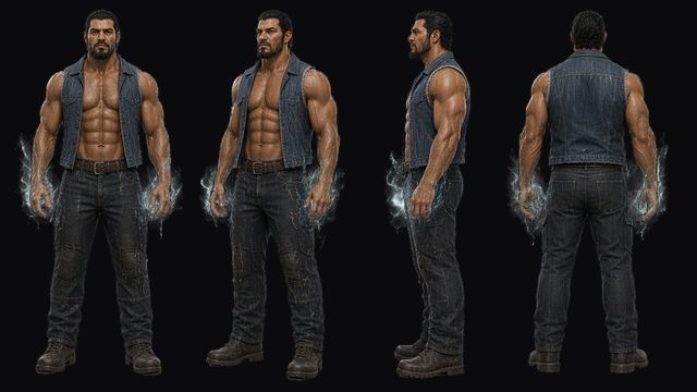 Kong turnaround: a muscular bandit in a denim vest, in front, three-quarter, side and back views