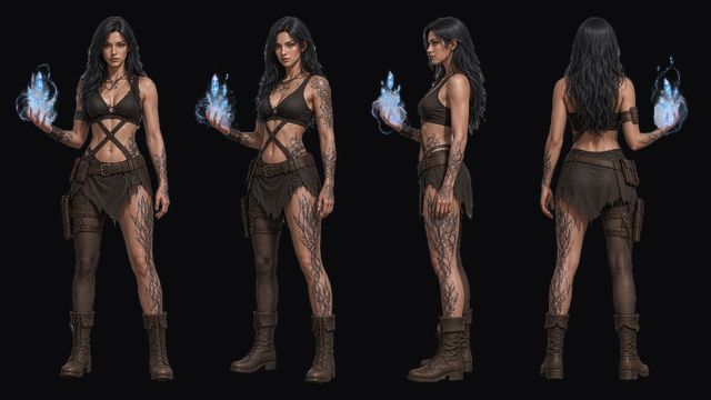 Medium turnaround: a woman summoning blue crystals from her hands, in front, three-quarter, side and back views