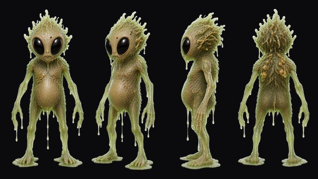 Miasmite turnaround: a bulbous, dripping yellow-green plant creature with black eyes, in front, three-quarter, side and back views