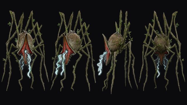 Skitterling turnaround: a spindly plant creature with a red seed pod body and glowing tendrils, in front, three-quarter, side and back views