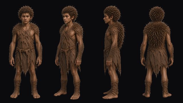 Urchin turnaround: a teenage feral boy with spiky hair and a ragged tunic, in front, three-quarter, side and back views