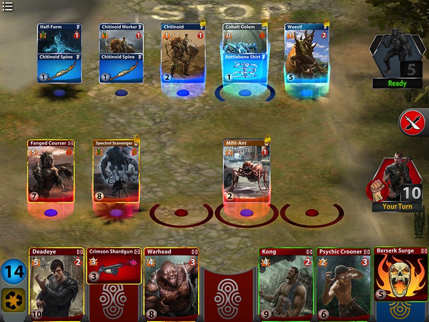 Days of Discord battle with a hand of cards along the bottom of the screen and units on the board