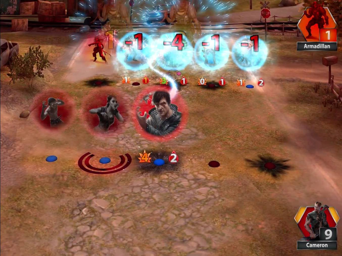 Days of Discord battle screen: attacks hitting cards on a 3D jungle battlefield, with damage numbers over each lane