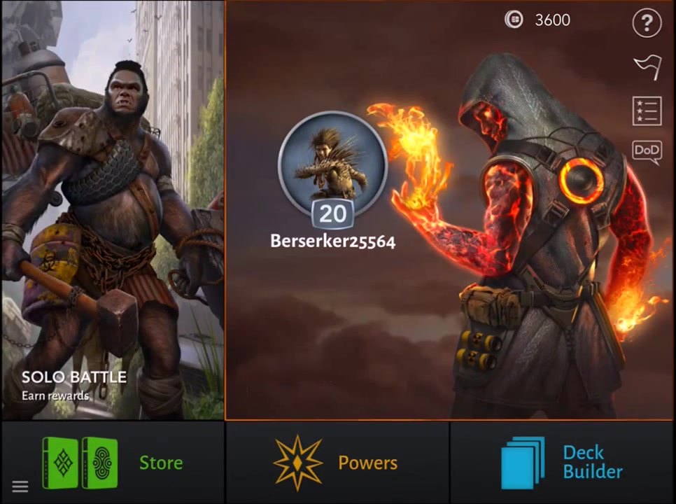 Days of Discord main menu with a champion and buttons for solo battle, online PvP, store, powers and deck builder