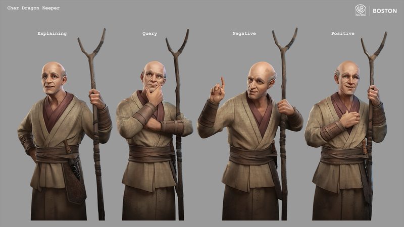 Character sheet of Angar the dragon keeper in four expressions and poses