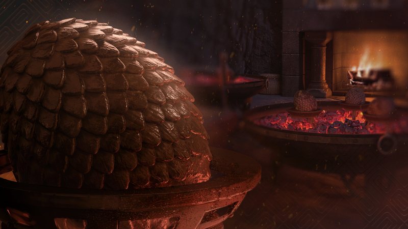 Scaled dragon egg resting in a glowing brazier inside the Dragon Pit