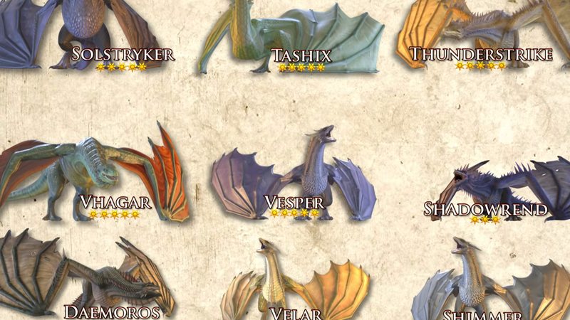 Painted dragon portraits laid out on parchment with their names, including Solstryker, Vhagar, Shadowsong and Daemoros