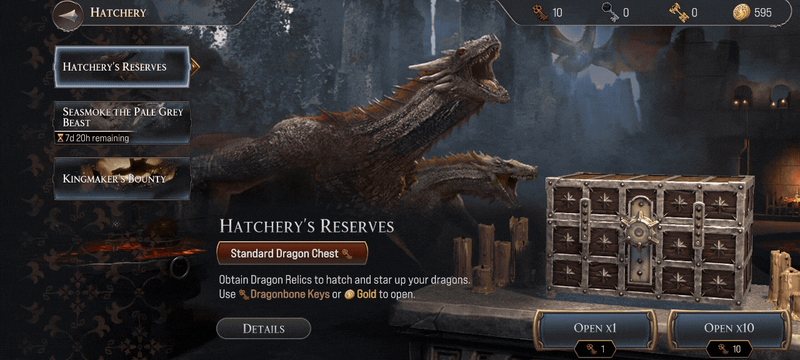 Hatchery screen with a dragon perched behind the Hatchery&rsquo;s Reserves chest and its open buttons