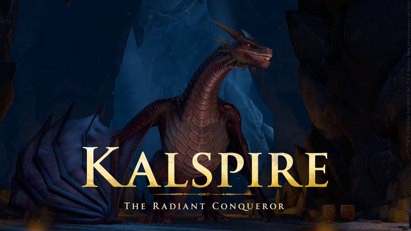 The dragon Kalspire in a blue-lit cave, with the title Kalspire, The Radiant Conqueror
