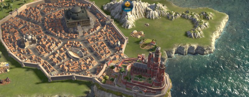 Aerial view of the walled city of King&rsquo;s Landing beside the sea on the in-game strategy map
