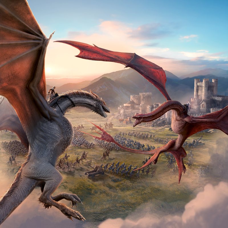 Painted splash screen of two dragons with riders flying over an army battle, with a castle on a hill behind