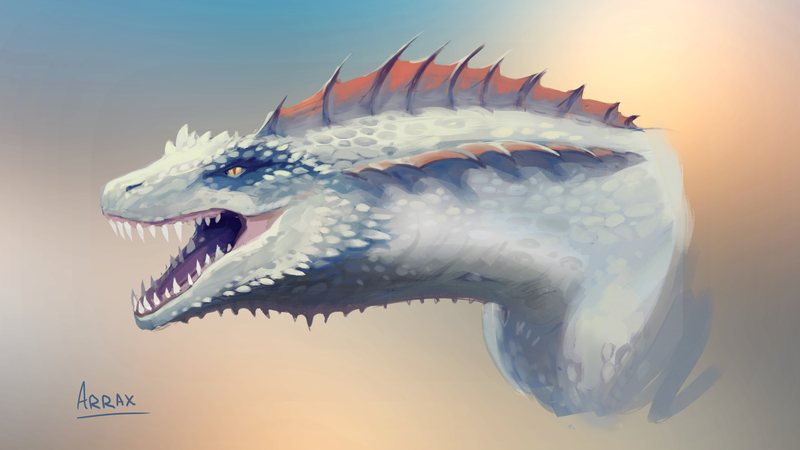 Painted head study of Arrax, a pale white dragon, snarling with its mouth open
