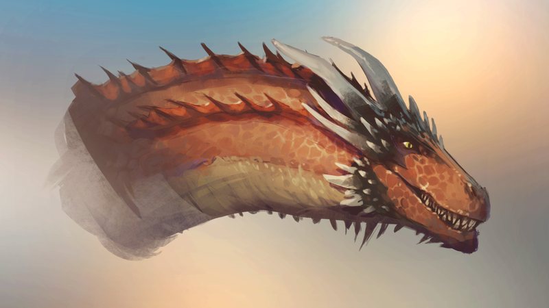 Painted head study of an orange and bronze horned dragon in profile