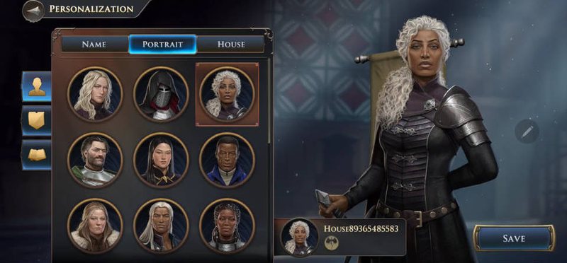 Throne Room personalization screen with a grid of character portraits beside a full-length silver-haired character