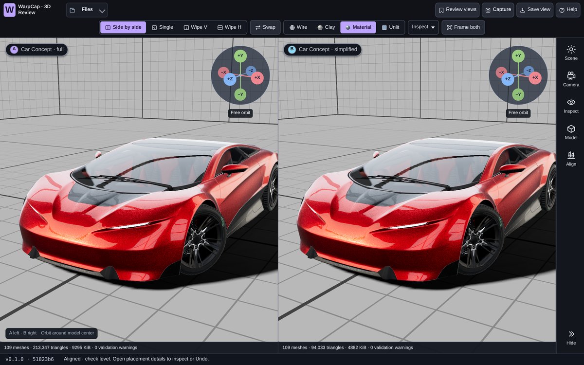 3D Review in side-by-side Material view: the full Car Concept model (213,347 triangles) on the left and a simplified version (94,033 triangles) on the right, in a light grid room