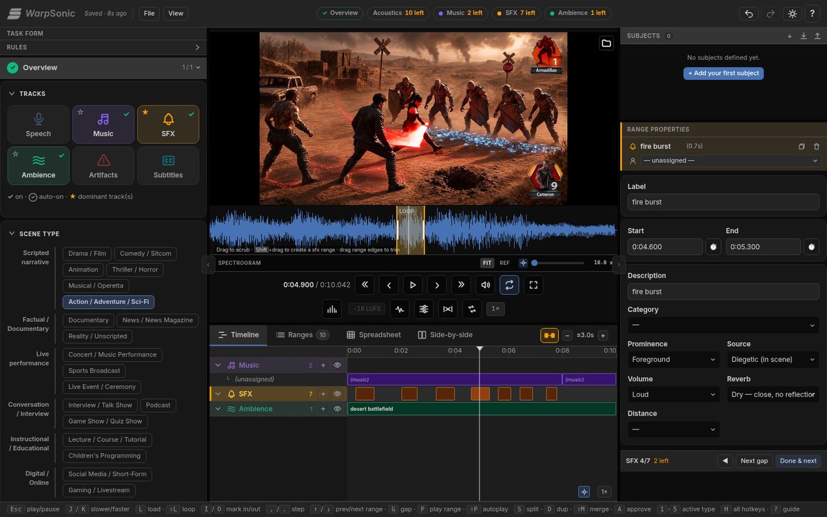 WarpSonic annotating a Days of Discord battle clip, with music, SFX and ambience ranges on the timeline